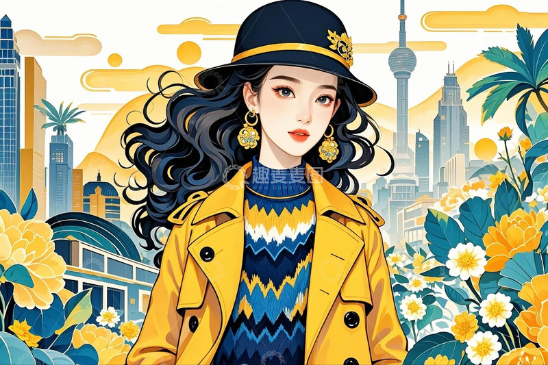 高清大图下载【趣麦麦图】国潮插画时尚女孩节日素材2