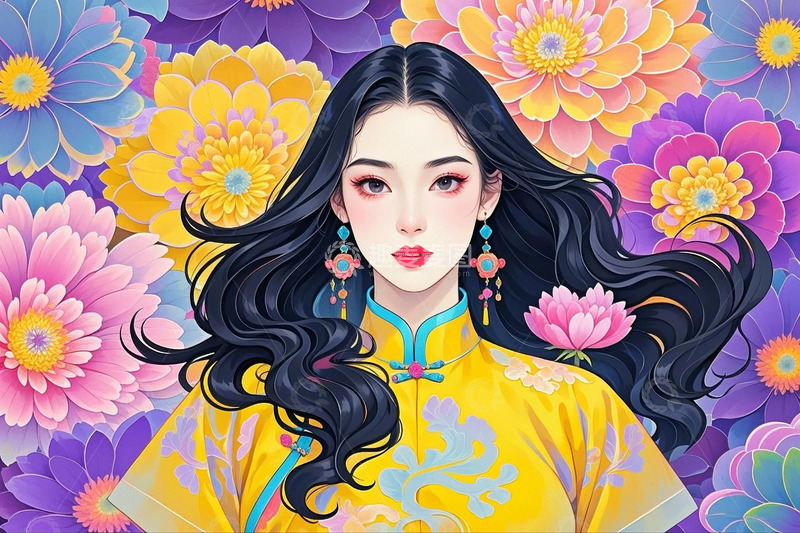 高清大图下载【趣麦麦图】国潮插画时尚女孩节日素材9