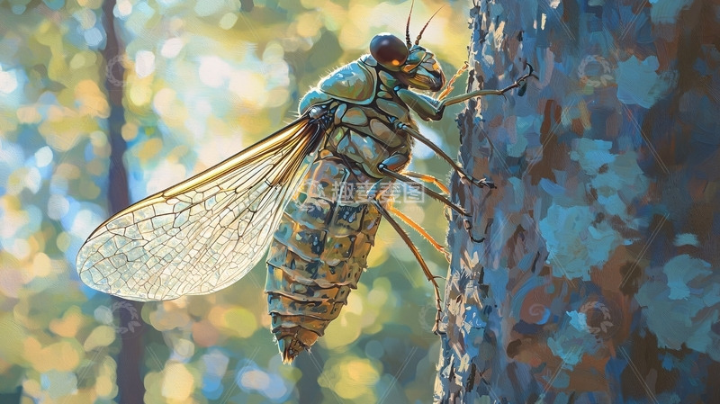 高清大图下载【趣麦麦图】树干上的蜻蜓幼虫
