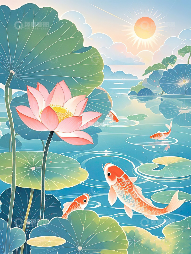 高清大图下载【趣麦麦图】夏日荷花与锦鲤插画夏至立夏素材7
