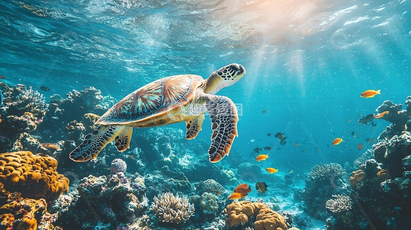 高清大图下载【趣麦麦图】阳光下的海龟珊瑚礁