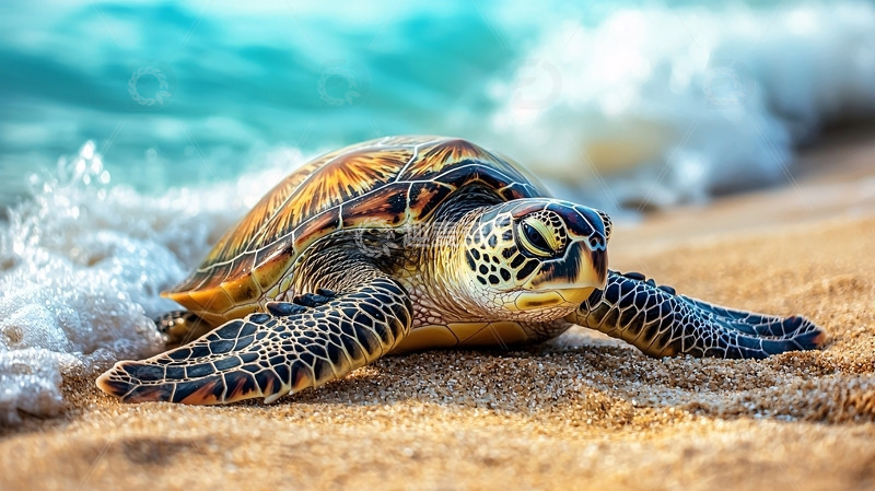 高清大图下载【趣麦麦图】海滩上休憩的绿海龟
