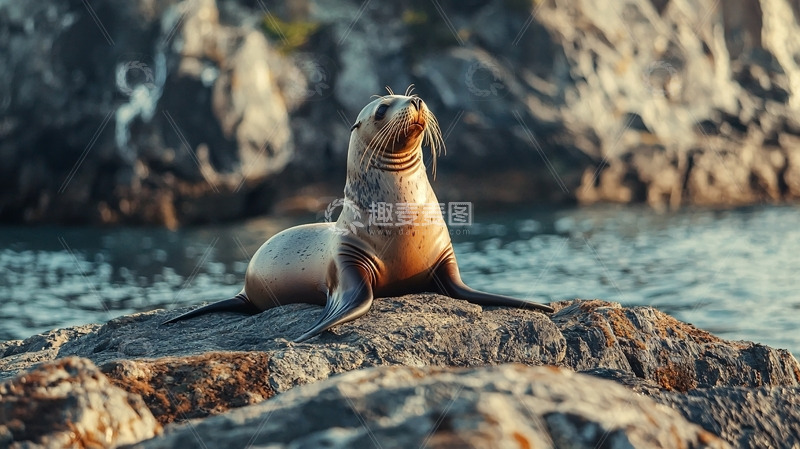 高清大图下载【趣麦麦图】海豹岩石海岸线日落