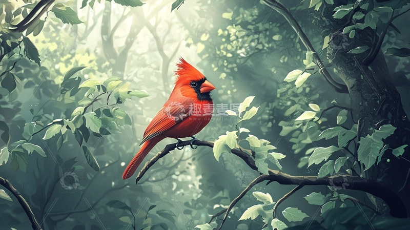 高清大图下载【趣麦麦图】红衣主教鸟在森林里
