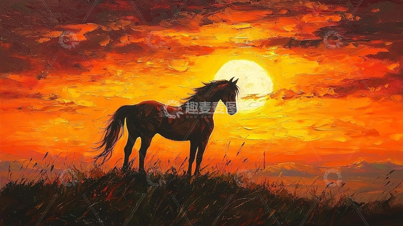 高清大图下载【趣麦麦图】落日余晖下的骏马