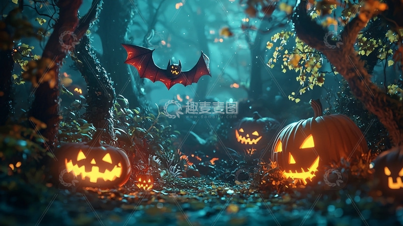 高清大图下载【趣麦麦图】万圣节森林南瓜蝙蝠