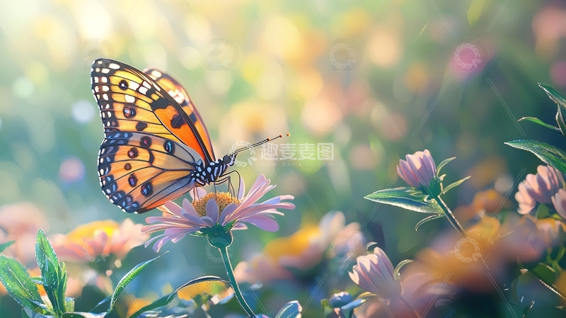 高清大图下载【趣麦麦图】阳光下花丛中的蝴蝶