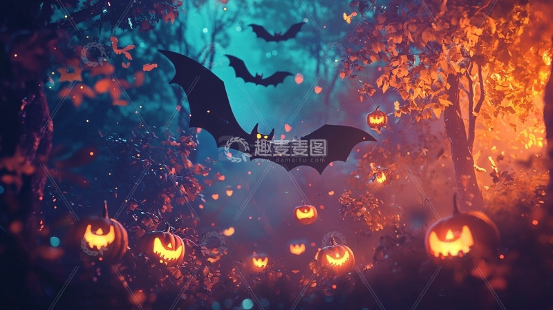 高清大图下载【趣麦麦图】万圣节森林蝙蝠南瓜