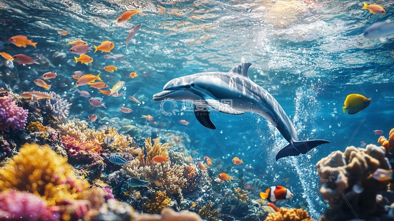 高清大图下载【趣麦麦图】海豚在珊瑚礁中畅游