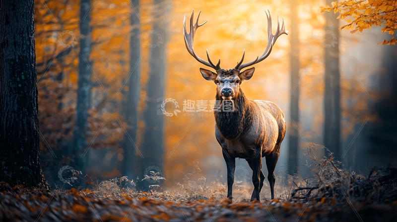 高清大图下载【趣麦麦图】秋日森林里雄鹿的剪影