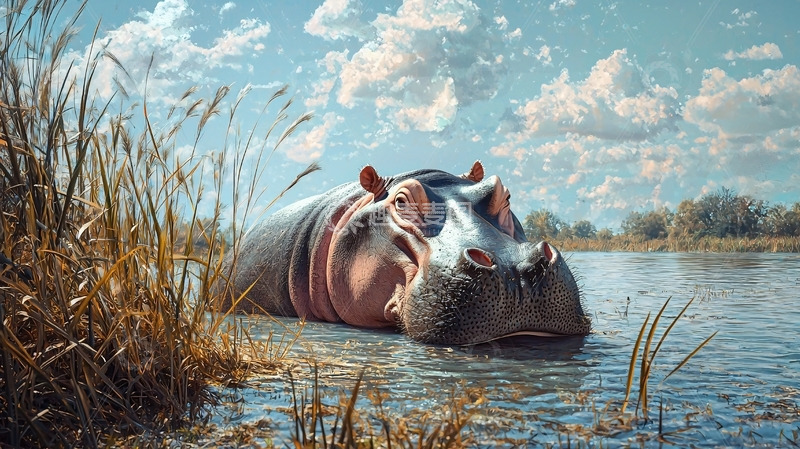 高清大图下载【趣麦麦图】河马在水中休息