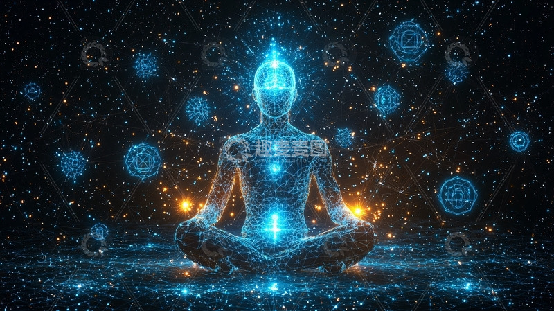 高清大图下载【趣麦麦图】宇宙中冥想的人体发光线条