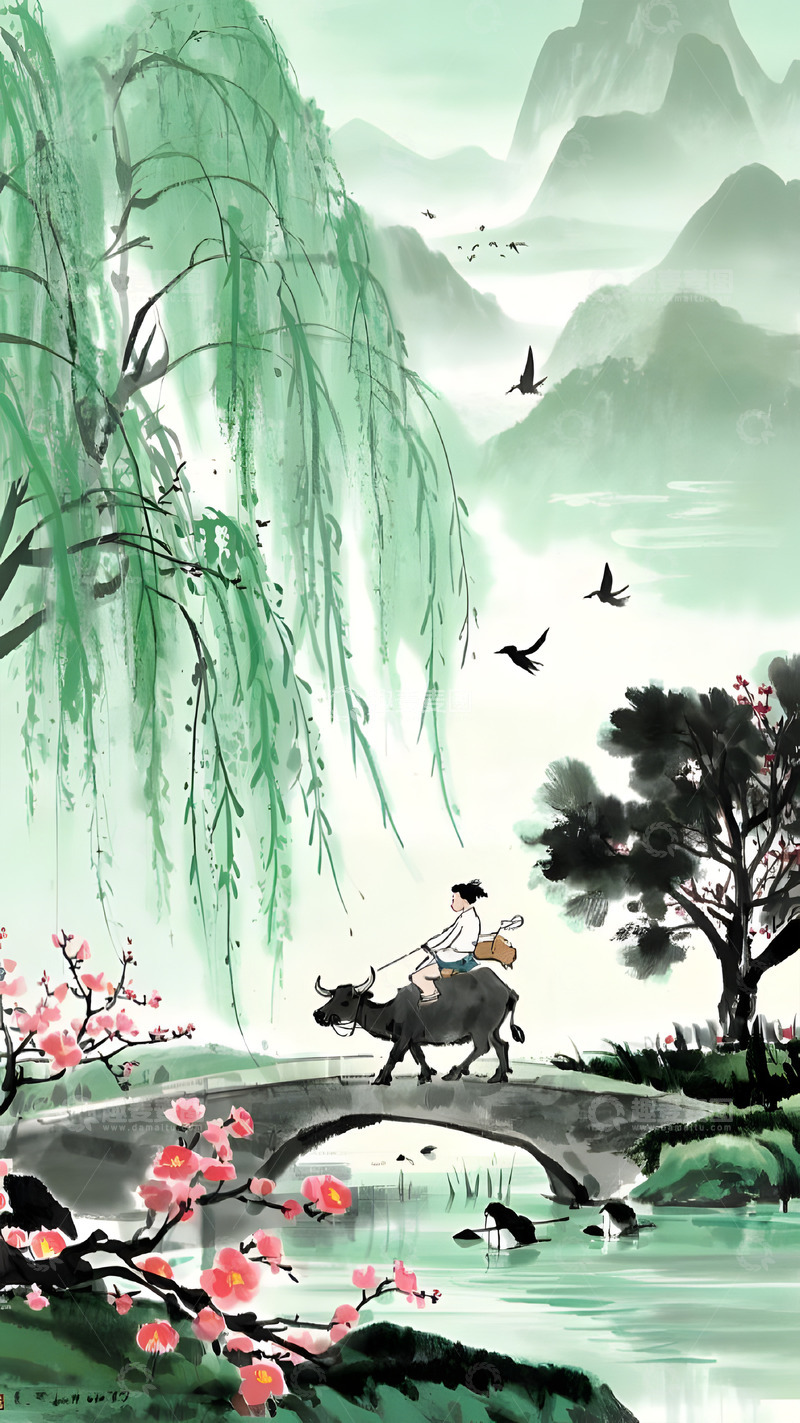 高清大图下载【趣麦麦图】清明节国风水墨山水牧童插画