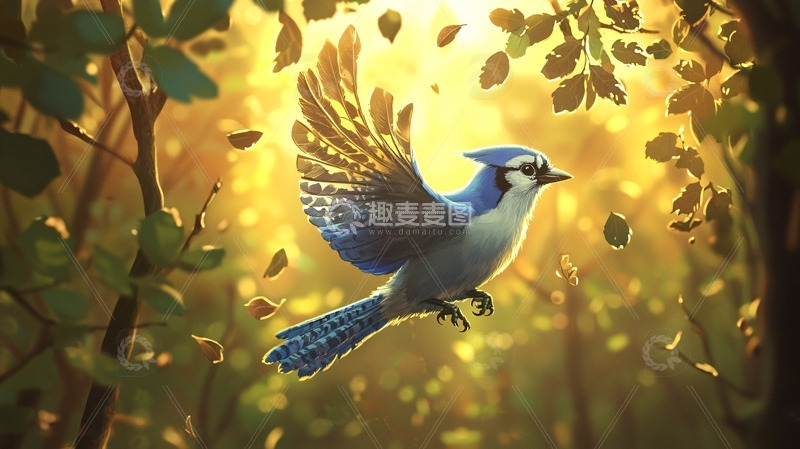 高清大图下载【趣麦麦图】蓝知更鸟飞过金色的树林