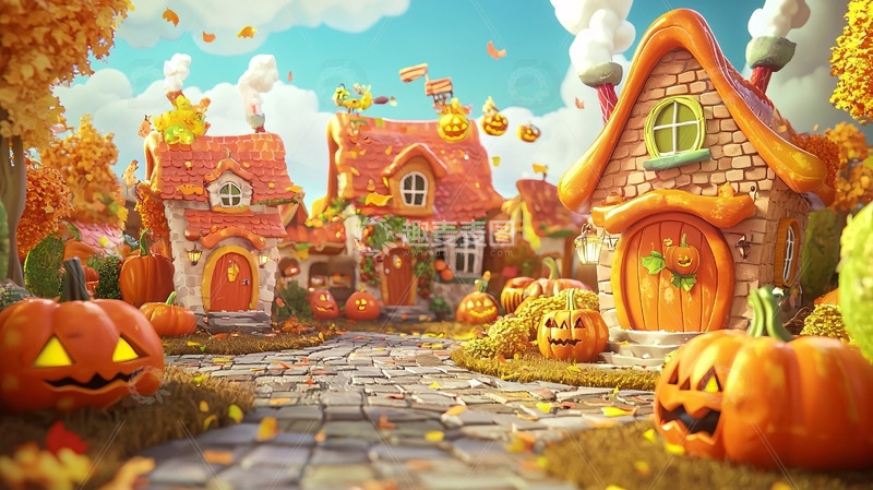 高清大图下载【趣麦麦图】秋日南瓜卡通小镇