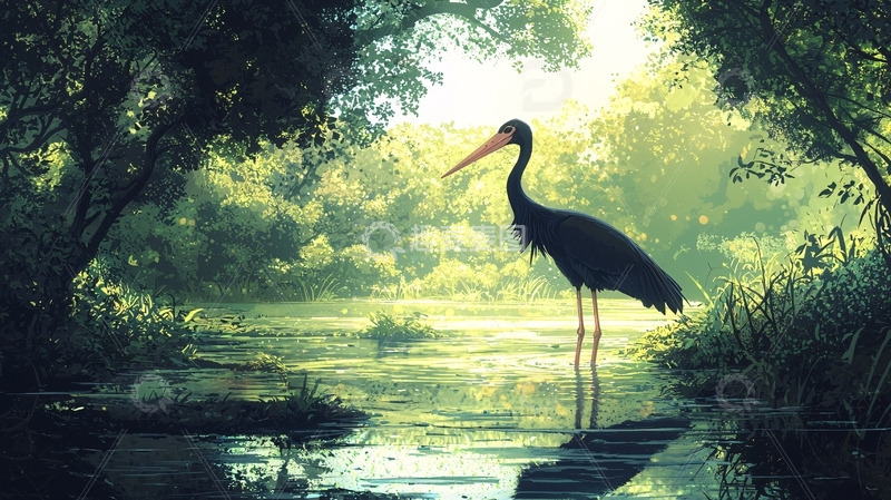 高清大图下载【趣麦麦图】黑颈鹳在树林湿地