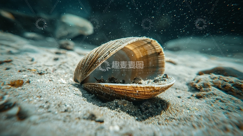 高清大图下载【趣麦麦图】海底沙地上打开的双壳贝类