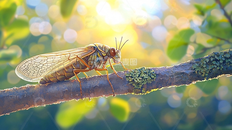 高清大图下载【趣麦麦图】阳光下树枝上的昆虫
