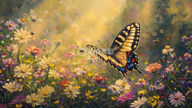 高清大图下载【趣麦麦图】彩蝶飞舞花丛中