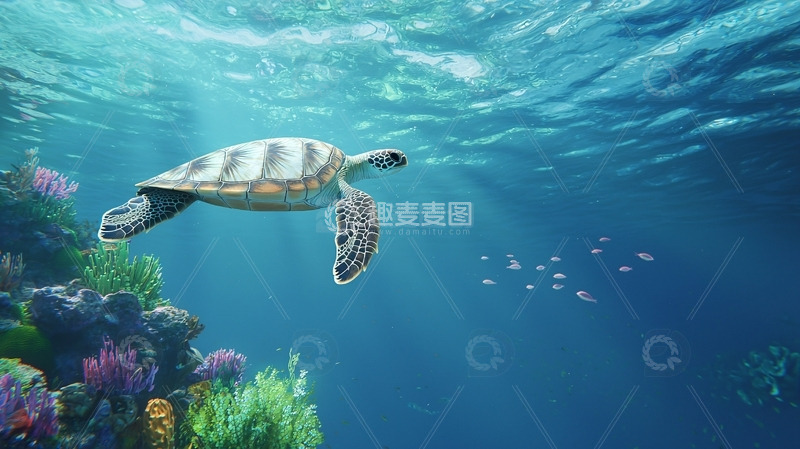 高清大图下载【趣麦麦图】海龟在珊瑚礁中畅游