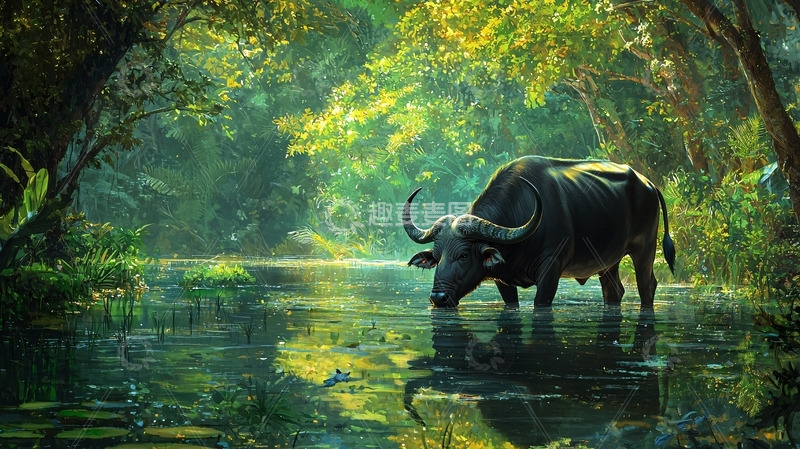 高清大图下载【趣麦麦图】水牛饮水