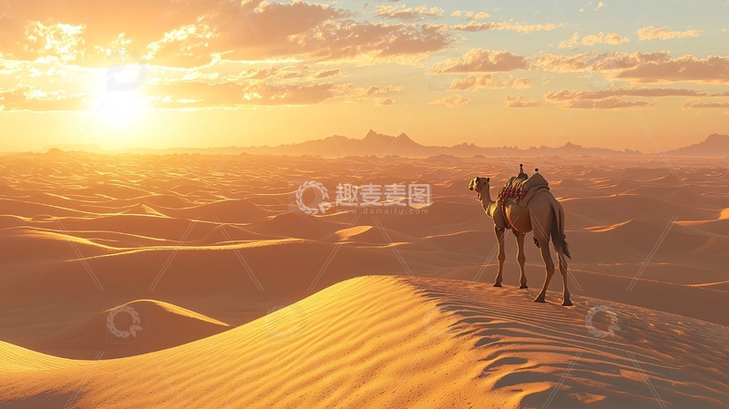 高清大图下载【趣麦麦图】沙漠日落骆驼剪影