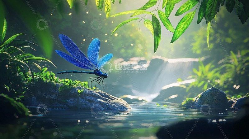 高清大图下载【趣麦麦图】梦幻森林蜻蜓溪流