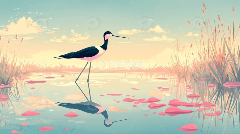 高清大图下载【趣麦麦图】黑翅长脚鹬日落剪影