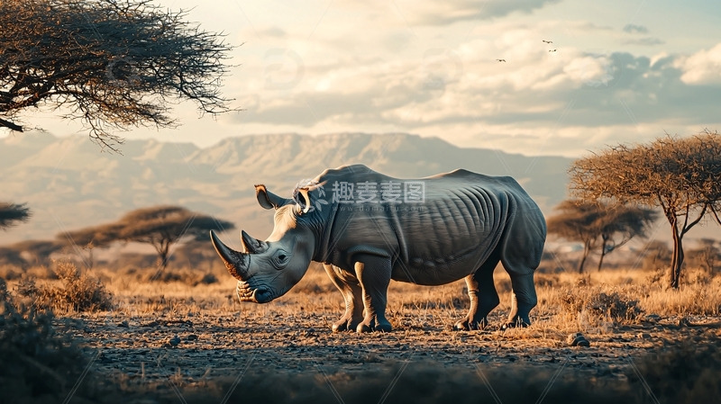 高清大图下载【趣麦麦图】非洲草原犀牛日落
