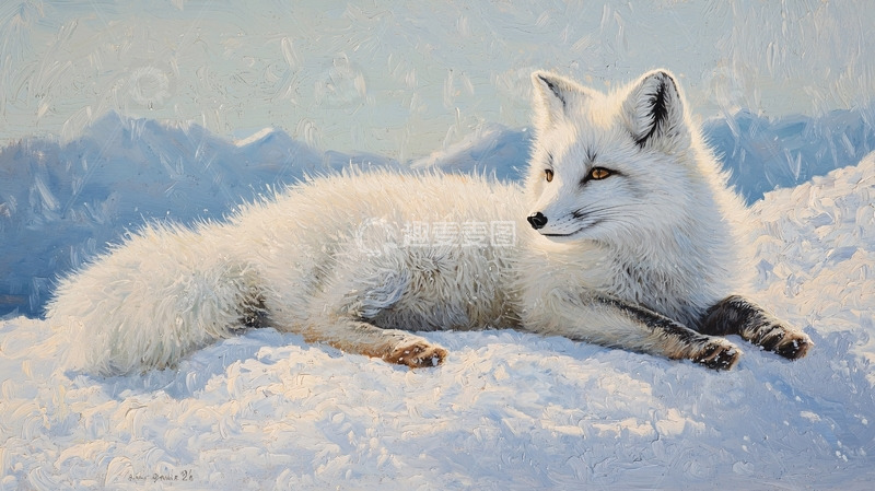 高清大图下载【趣麦麦图】雪地里休憩的白色北极狐