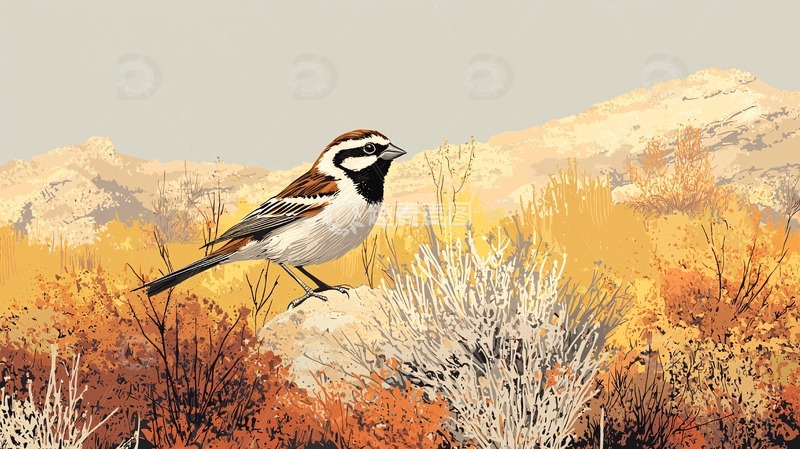 高清大图下载【趣麦麦图】沙漠背景下的褐头麻雀