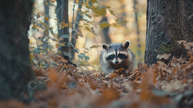 高清大图下载【趣麦麦图】浣熊在秋天的森林里