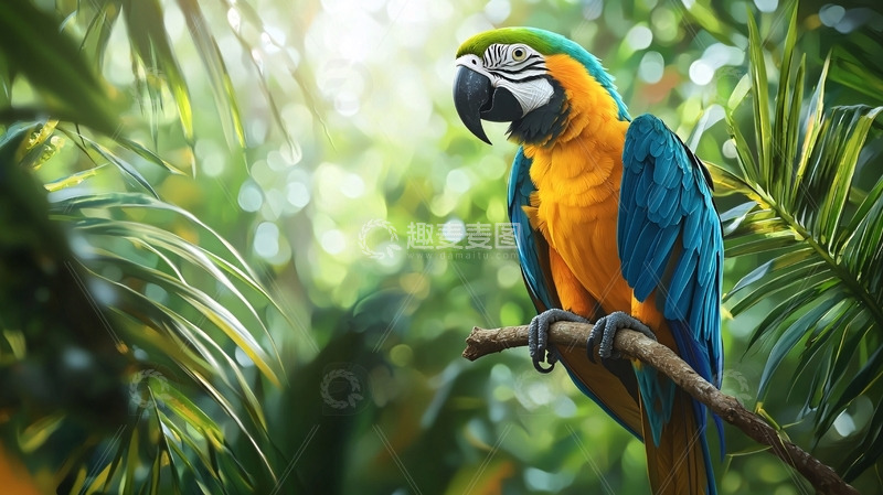 高清大图下载【趣麦麦图】蓝黄金刚鹦鹉栖息枝头