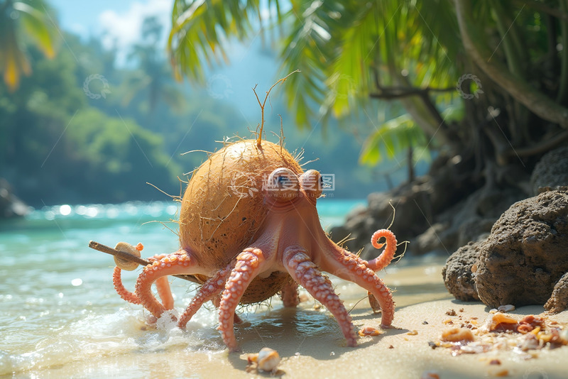 高清大图下载【趣麦麦图】椰子章鱼行走
