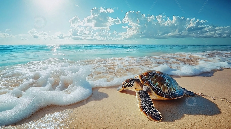 高清大图下载【趣麦麦图】海滩上绿海龟日出