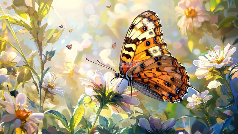高清大图下载【趣麦麦图】阳光下花丛中一只蝴蝶
