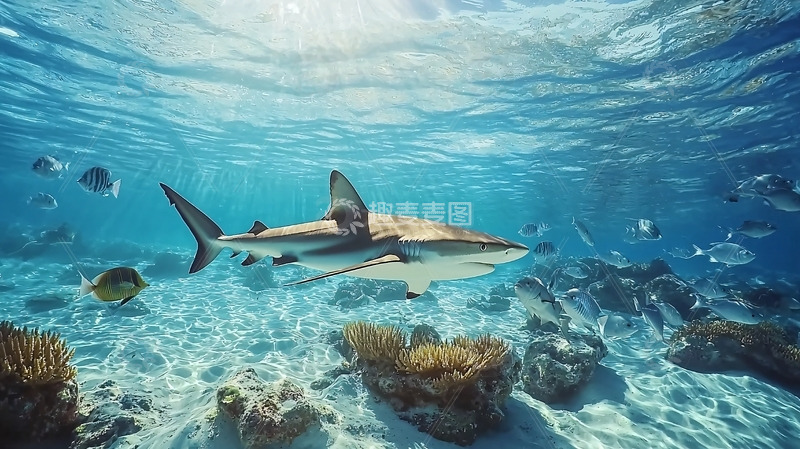 高清大图下载【趣麦麦图】浅海珊瑚礁中鲨鱼游泳
