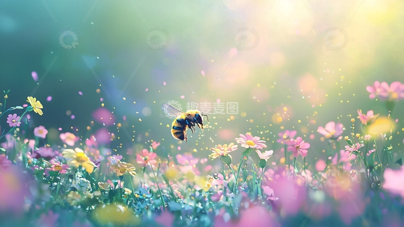 高清大图下载【趣麦麦图】蜜蜂飞过彩色花田
