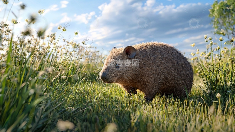 高清大图下载【趣麦麦图】草原上的毛茸茸的袋熊