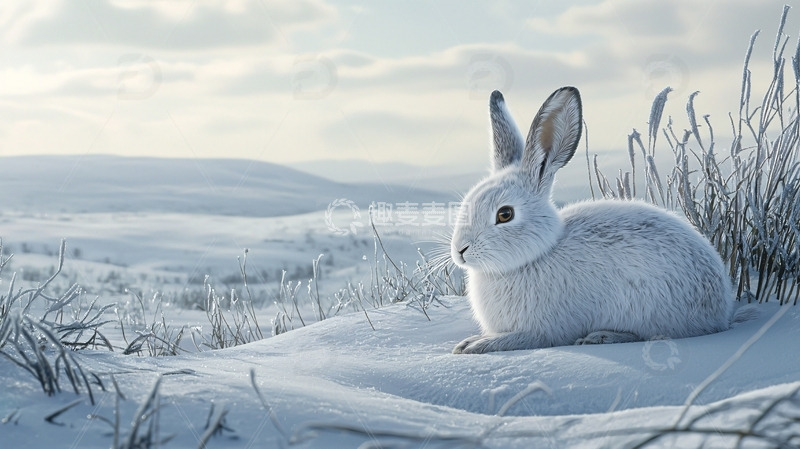 高清大图下载【趣麦麦图】冬日雪地里一只小白兔