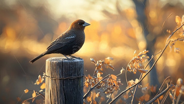 落日余晖下的棕色小鸟