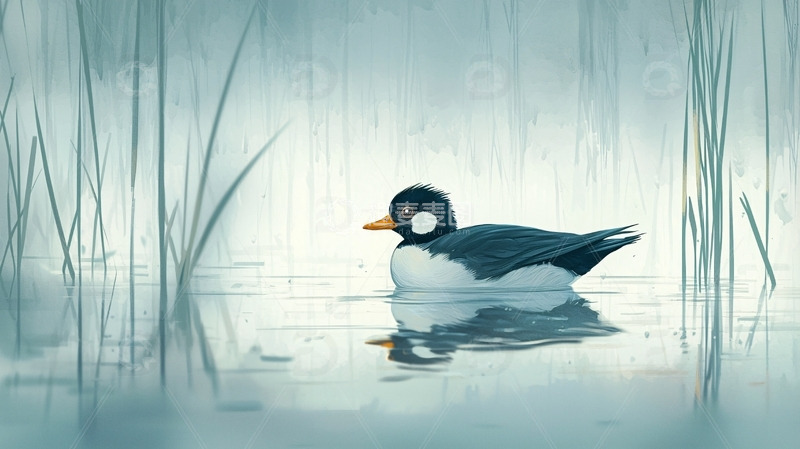 高清大图下载【趣麦麦图】雾中独行的黑色小鸭