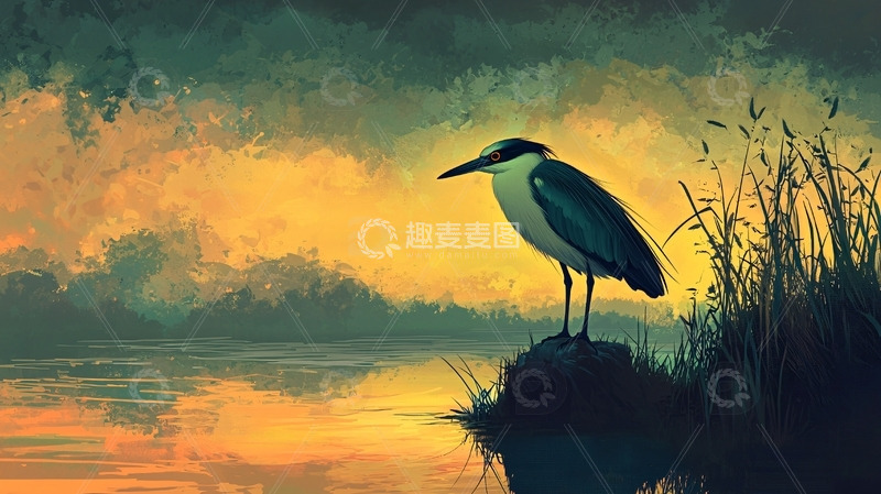 高清大图下载【趣麦麦图】黄昏水边夜鹭风景画