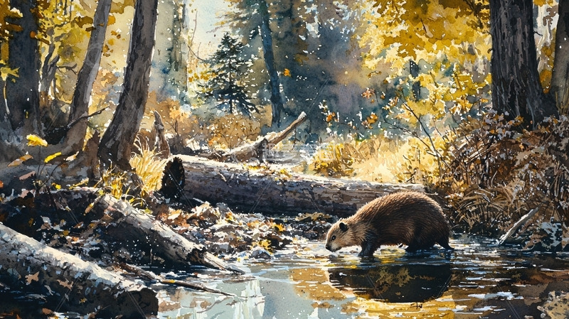 高清大图下载【趣麦麦图】森林溪流旁的水獭