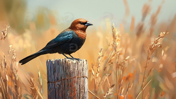 棕色鸟儿栖息木桩