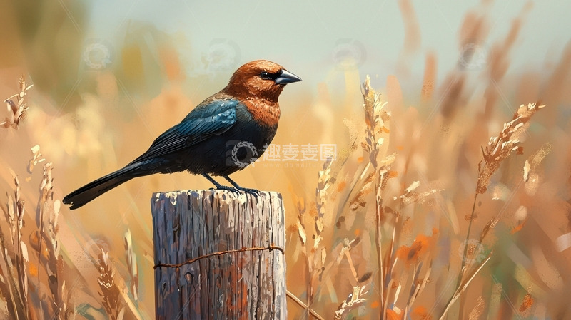 高清大图下载【趣麦麦图】棕色鸟儿栖息木桩