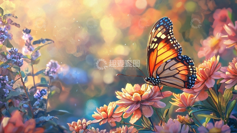高清大图下载【趣麦麦图】阳光下花丛中的蝴蝶