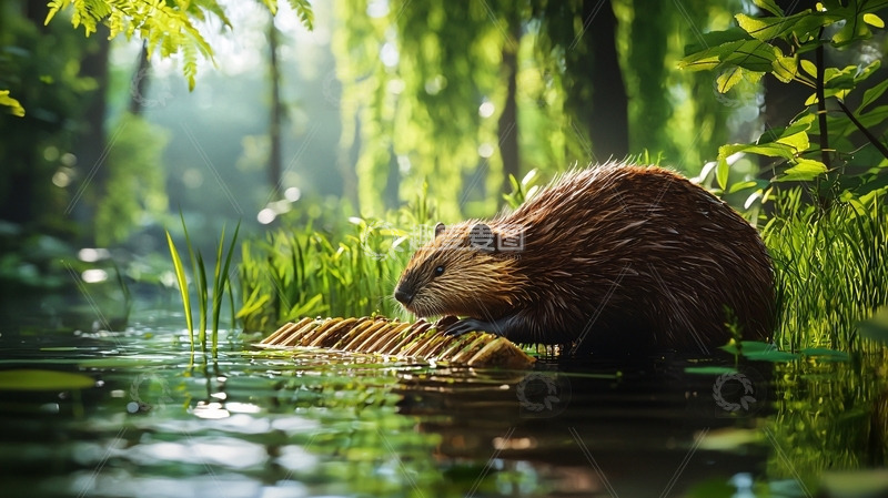 高清大图下载【趣麦麦图】森林里河边一只海狸