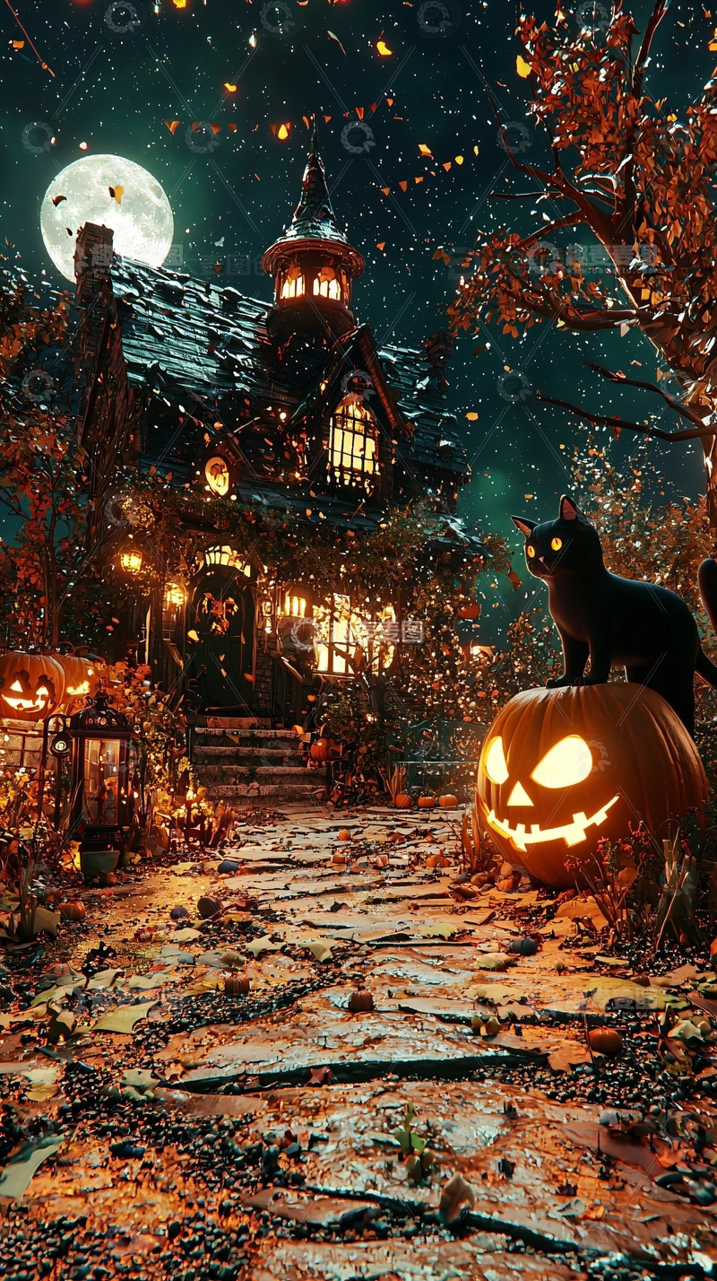 高清大图下载【趣麦麦图】万圣节夜晚的魔法小屋