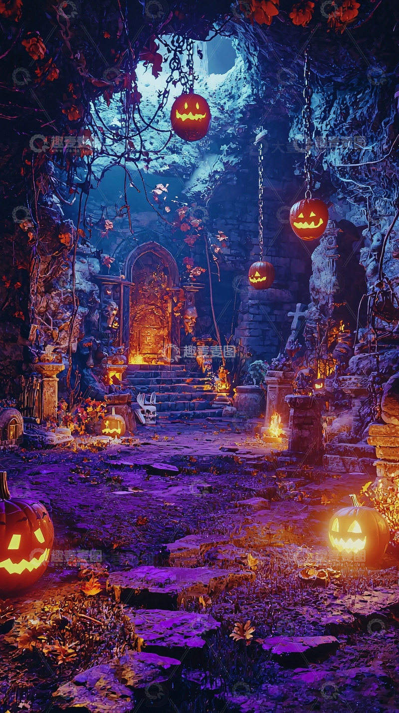 高清大图下载【趣麦麦图】黑暗洞穴万圣节南瓜灯